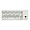 Eine weiße Tastatur mit integriertem Trackball und Funktionstasten. Auf den Tasten sind Buchstaben, Zahlen und Sonderzeichen aufgedruckt.