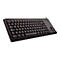 Schwarze Tastatur mit Trackball und zusätzlichen Maustasten, die auf weißem Hintergrund abgebildet ist.