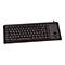 Schwarze Tastatur mit integriertem Trackball und Funktionstasten. Auf den Tasten sind Buchstaben, Zahlen und Sonderzeichen zu sehen.