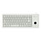Hellgraue Tastatur mit Trackball und Tasten, Beschriftung in Schwarz.