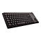 Schwarze Tastatur mit Trackball und eingebauten Tasten. Die Buchstaben sind weiß aufgedruckt.