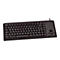 Schwarze Tastatur mit integriertem Trackball und Funktionstasten. Auf dem Tastenfeld sind Buchstaben, Zahlen und Sonderzeichen zu sehen.