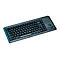 Dunkelgraue Tastatur mit blauem Rand und Touchpad.