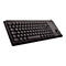 Schwarze Tastatur mit Trackball und Maustasten. Die Tasten sind beschriftet, darunter Buchstaben, Zahlen und Sonderzeichen.