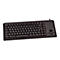 Schwarze Computertastatur mit Trackball und Tasten, Beschriftung auf Deutsch.