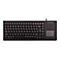 Schwarze Cherry-Tastatur mit integriertem Touchpad. Die Tasten sind beschriftet, ebenso die Funktionstasten. Das Cherry-Logo ist oben rechts.