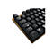 Nahaufnahme einer schwarzen mechanischen Tastatur mit goldenem Rahmen. Einige Tasten sind beschriftet: ESC, STRG, Pfeiltasten, Buchstaben und Zahlen.