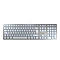 Silberne Tastatur mit beleuchteten Tasten. Das Cherry-Logo ist sichtbar.