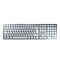 Silberne CHERRY-Tastatur, blaue Beleuchtung, Detailansicht.