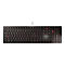 Clavier Cherry noir, lettrage rouge des touches. Le clavier est filaire et posé sur un fond blanc.