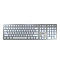 Silberne Tastatur mit blauer Beleuchtung und weiÃŸen Tasten. CHERRY-Logo.
