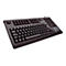 Schwarze Tastatur mit Tasten, Ziffernblock und Touchpad. Kabelanschluss. Cherry-Logo.