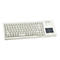 Hellbeige Tastatur mit Touchpad. Beschriftung "Cherry". Buchstaben, Zahlen, Sonderzeichen, Funktionstasten und ein Touchpad sind zu sehen.