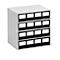 Gray mini cabinet with 16 drawers and white labels. Drawers are outlined in black.