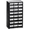 Black drawer cabinet with 18 drawers and white labeling fields.