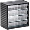Dark gray organizer with transparent drawers. The drawers are divided into small compartments.