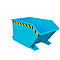 Light blue skip bin, angled from the front. Yellow and black stripes on the top edge. Two feet at the bottom.