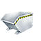 A silver skip with black and yellow warning stripes, against a white background.