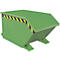 Green tipping skip, sloping. Yellow and black warning stripes on the top edge.