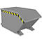 Gray skip with angled walls. Yellow and black stripes as a warning. Steel construction.