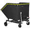 Black bin with wheels and yellow-black warning stripes. A chain and a faucet are attached.