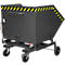 Gray container with yellow and black stripes. On a rolling frame with 4 wheels. Chain and faucet.