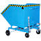 Blue tipping skip on wheels. Yellow and black warning stripe at the top edge. Chain and faucet.