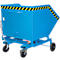 Blue tipping skip on wheels; yellow-black warning stripe at the top edge. Chain on the side. Ball valve.