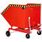 Red, rolling steel container. Black tires. Yellow and black warning stripes on the edges.