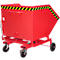Red, rolling waste bin with black and yellow warning stripes on the top edge. It stands on wheels.