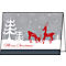 Christmas card with red reindeers and snowflakes on a gray background. The lettering "Merry Christmas" is red.