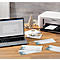 A laptop and a printer on a wooden table, with Christmas cards. The printer is printing a card.