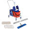 Mobile mop stand with buckets, mop and accessories, against a white background. Blue and red mop set on a trolley.