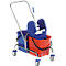 Rolling cleaning bucket set, blue and red, with mop press.