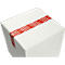 Caja blanca con cinta adhesiva roja impresa "GEÖFFNET, OPENED, ABIERTO".