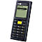 Schwarzes PDA-Gerät mit gelbem Knopf und Text auf Display: Receiving, Order fulfillment, Price checks, Stock management.