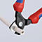 Gros plan d'une pince Knipex coupant un câble. La pince a des poignées rouges et bleues, le tranchant est noir. La gaine du câble est blanche.