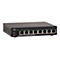 Ein schwarzer Cisco-Switch, 8-Port Gigabit Smart Switch, auf weißem Hintergrund.