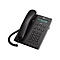Téléphone de bureau noir avec combiné, boutons et petit écran. Câble reliant le combiné à la base.