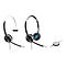 Drei Headsets. Zwei schwarz-silberne Headsets mit Mikrofon, das dritte ist ein Telefon-Mute-Button.