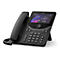 Téléphone de bureau noir avec écran, touches numériques et combiné. Sur l'écran : heure, liste d'appels, logo de l'entreprise.