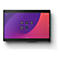 Tablette noire avec écran tactile, fond violet-rouge et icônes pour des fonctions telles que appel, tableau blanc, entrée PC, fichiers et Webex.