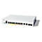 Un commutateur Cisco Catalyst 1200 Series blanc sur fond blanc. Le commutateur comporte plusieurs ports et connecteurs avec des étiquettes.