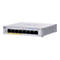 Un commutateur Cisco Business 110 Series argenté. Sur le devant, il y a 8 ports avec des numéros jaunes et des LED vertes. Sur le côté gauche se trouvent des LED et le logo Cisco. Le commutateur a des fentes d'aération.