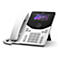 Ein weißes Cisco-Telefon mit schwarzem Bildschirm, Knöpfen und Hörer. Auf dem Bildschirm ist die Uhrzeit und das Datum angezeigt.