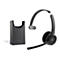 Schwarzes Headset und Ladestation. Auf beiden Elementen ist das Cisco-Logo zu sehen. Das Headset hat ein Mikrofon und Ohrmuscheln.