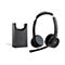 Schwarzes Headset mit Ladestation, beide mit Logo "CISCO". Das Headset hat ein Mikrofon und blaue Details an den Ohrmuscheln.