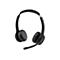 Schwarzes Headset mit Mikrofon, detailreich vor weißem Hintergrund. Auf dem Ohrhörer ist blaues Lochmuster zu sehen.