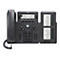 Dunkelgraues Tischtelefon mit zwei Bildschirmen und vielen Tasten. Auf den Bildschirmen werden Kontakte und Anrufdetails angezeigt.