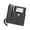 Ein schwarzes Cisco-IP-Telefon mit Bildschirm, Zahlen- und Funktionstasten auf weißem Hintergrund.